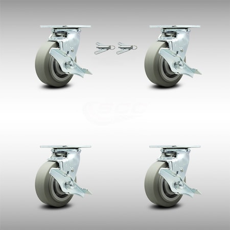 5 Inch SS Thermoplastic Caster Set With Roller Bearing 4 Brake 2 Swivel Lock SCC